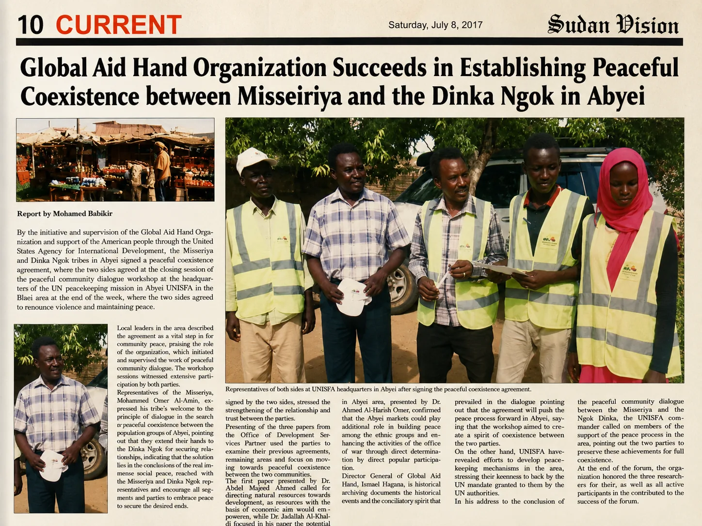 Sudan Vision newspaper feature on Global Aid Hand peaceful coexistence agreement between Misseriya and Dinka Ngok in Abyei